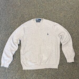 Polo by Ralph Lauren Men's V-Neck Pima Sweater in Heather Gray with Navy Logo